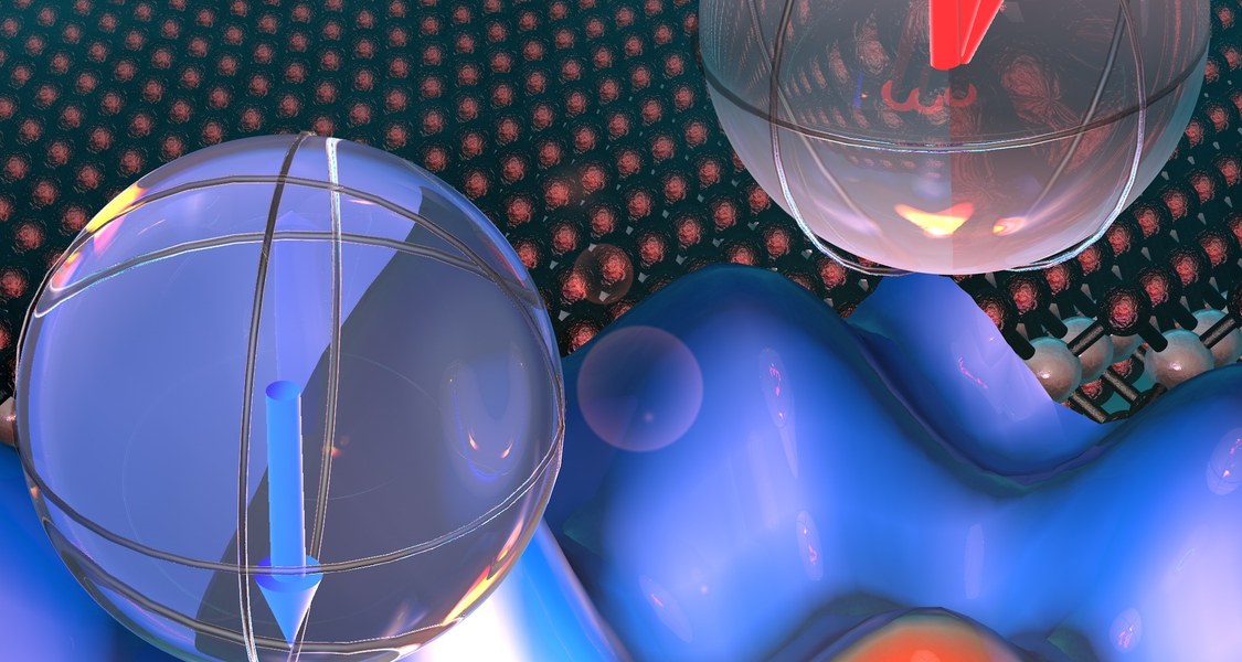 Kunst der Kontrolle: Die blauen Hügel veranschaulichen die Energielandschaft eines  Wolframdiselenid-Halbleiters. Elektronen werden von einem Tal in ein anderes Tal beschleunigt (gelborange). Die farbigen Pfeile in den Kugeln symbolisieren den Valley-Pseudospin, der dabei umgeschaltet wird.