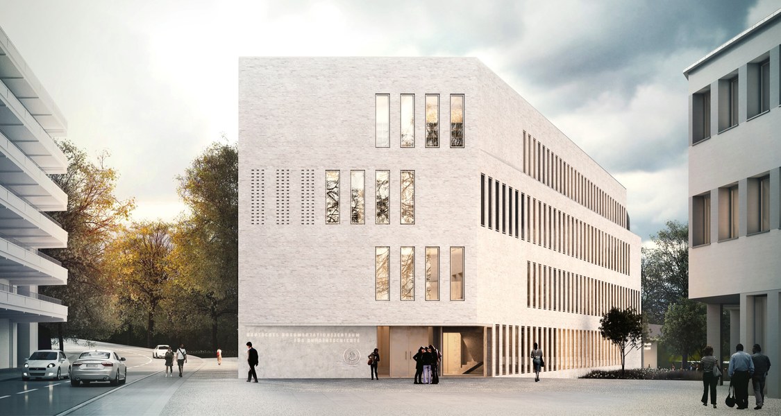 schematische Gebäudedarstellung, links Parkhaus Pilgrimstein, geradeaus Forschungsbau Foto Marburg, rechts Sprachatlas