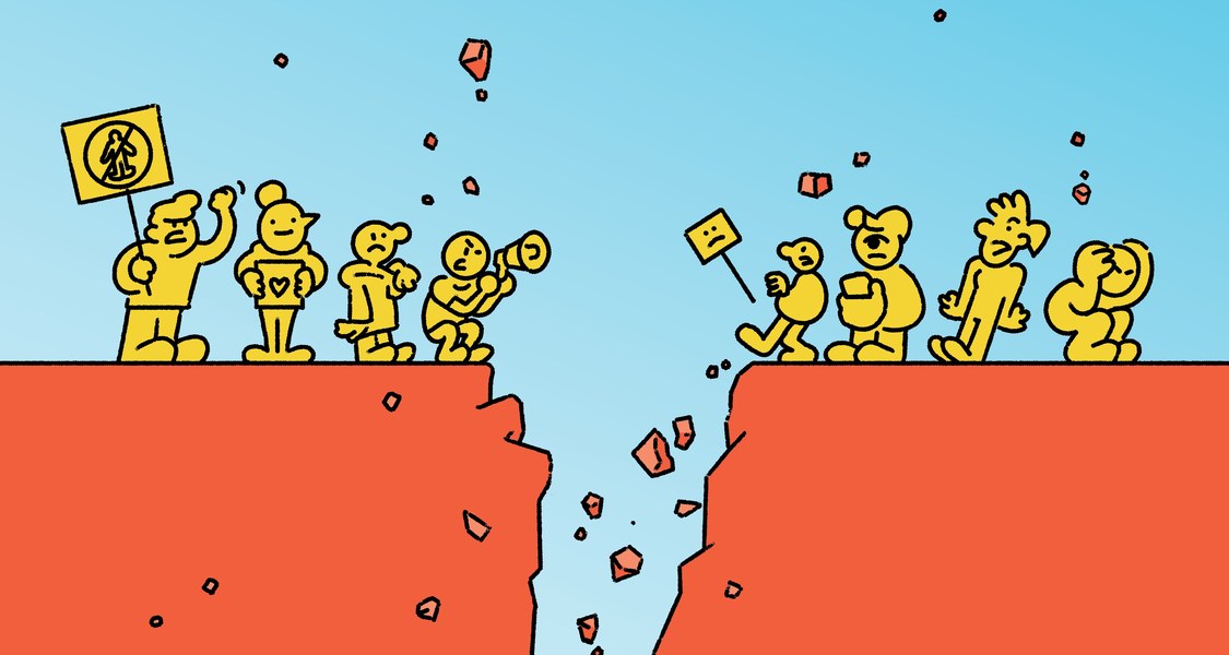 Zeichnung von zwei Fugrengruppen, die ein tiefer Graben trennt. Die Figuren halten wie bei einer Demonstration Schilder in die Höhe und sprechen in ein Megafon.