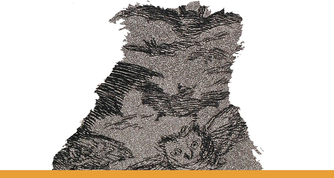 Umriss des Kopfes einer Eule mit orangem Unterstrich / Ausschnitt aus Francisco de Goya, Der Schlaf der Vernunft gebiert Ungeheuer (1797-99), Radierung