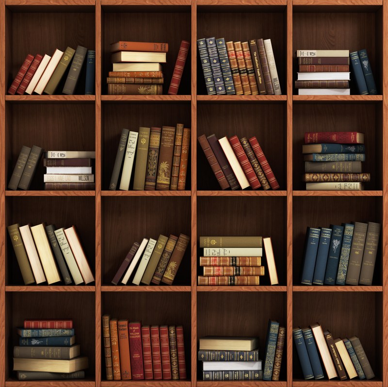 Ein hölzernes Regal mit liegenden und stehenden Büchern in Fächern.
