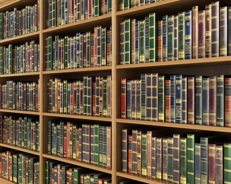 Eine leicht seitliche Perspektive auf ein mit bunten alten Büchern gefülltes Bücherregal.