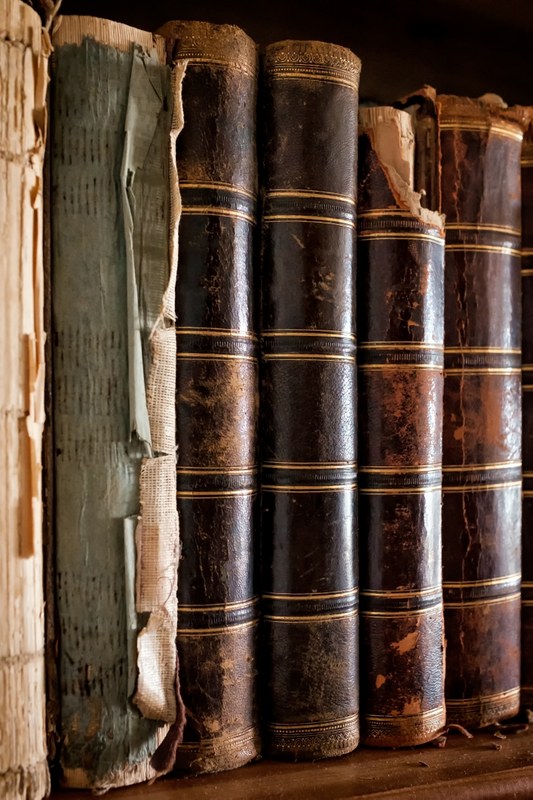 Teilweise beschädigte Buchrücken großer, alter Bücher.