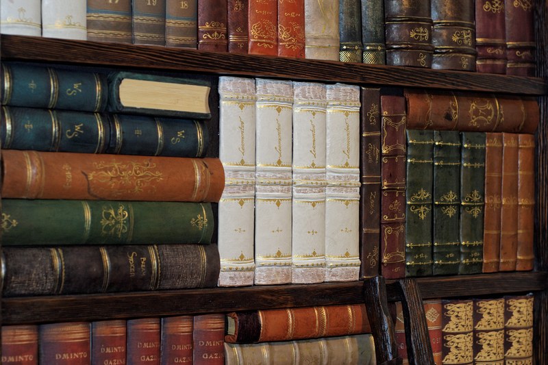 Alte Bücher mit bunten Buchrücken in einem Holzregal.
