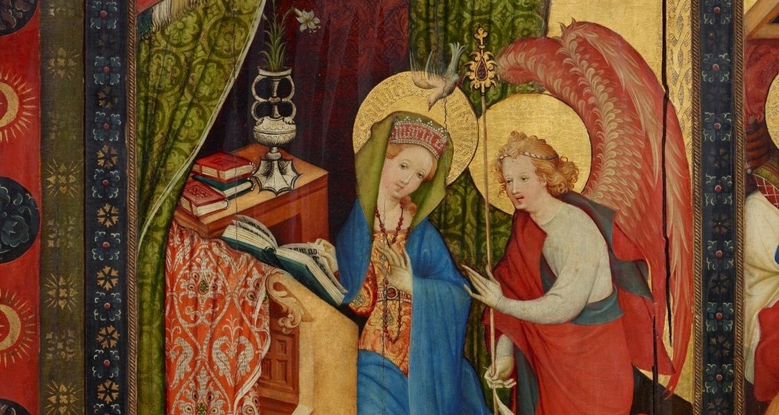 Tafelmalerei mit Maria und Engel in der Verkündigung.
