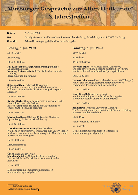 Programm der 3. Jahrestagung der internationalen Arbeitsgruppe Marburger Gespräche zur Alten Heilkunde (MGAH).