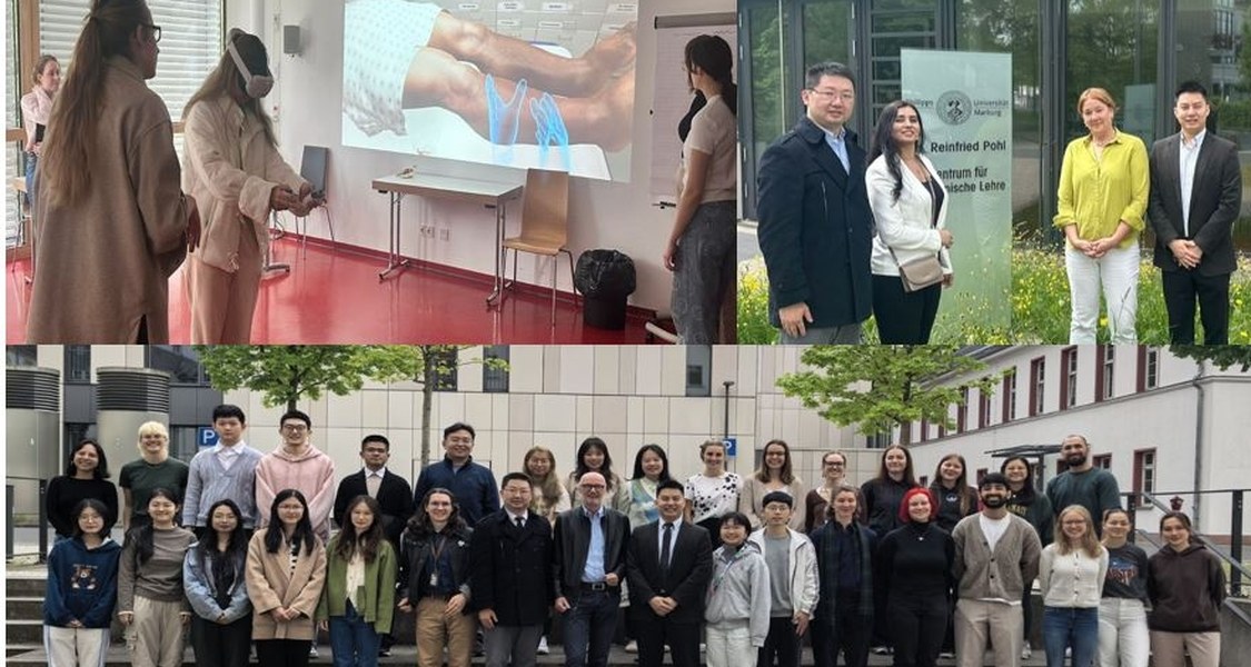 Foto oben links: Daniel Höft; Studierende der Tonji-Universität in Shanghai testen unter Anleitung von MARIS-Tutorin Susann Trojahn die VR-Brillen. 
Foto oben rechts: Dr. Cihan-Beri, Dr. Tina Stibane (3. von links), Leiterin des MARIS, mit Ihren Gästen aus Shangai vor dem Dr. Reinfried Pohl Zentrum für medizinische Lehre. 
Foto unten: Sonja Hiemenz; Gäste der Tonji-Universität in Shanghai zu Besuch im Universitäts-Klinikum Marburg sowie im MARIS