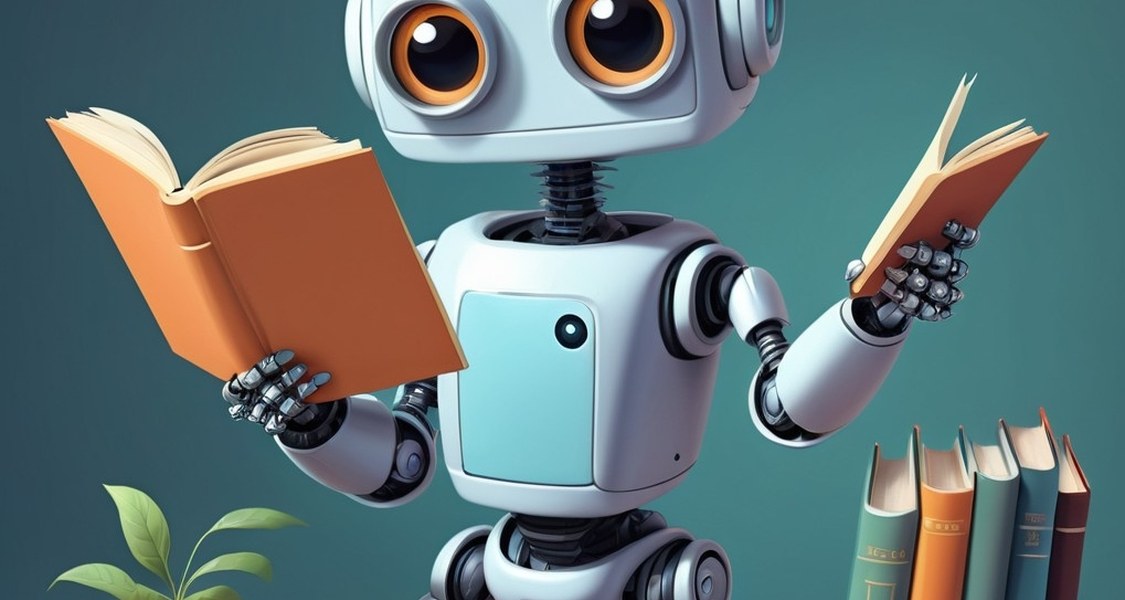 Einen kleiner Roboter, der zwei Bücher hält.