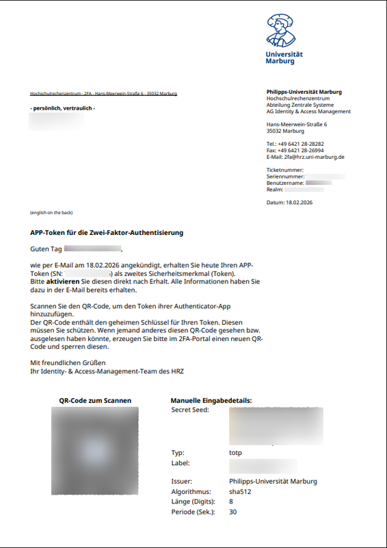 Ein offizielles Schreiben der Universität Marburg zur Einrichtung der Zwei-Faktor-Authentisierung.
