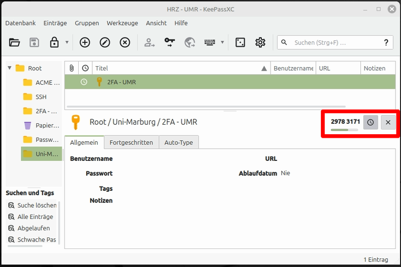 Screenshot einer Passwortverwaltungssoftware mit hervorgehobener Zahlenkombination '2978 3171' in einem roten Rahmen.