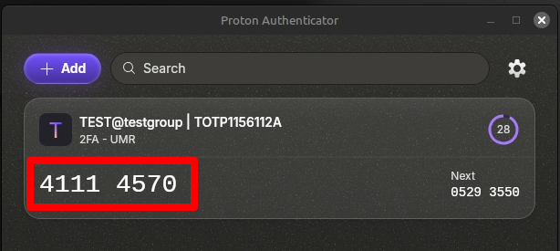 Die Listenansicht der Authenticator-App mit einem aktiven, generierten Code.