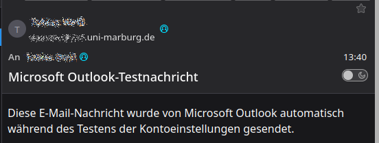 Outlook Test E-Mail die nach erfolgreicher Konto-Einrichtung im Posteingang eintrifft.