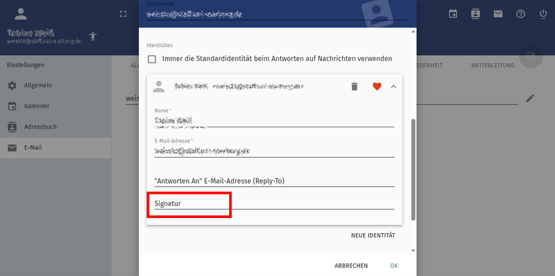Webmail Einstellungen >> Identitäten