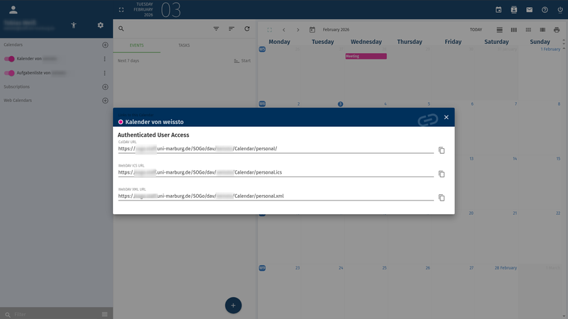 Webmailer Dialog mit CalDAV Pfaden