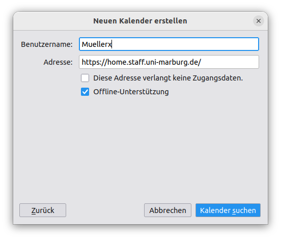 Dialog zur Eingabe von Adresse und Benutzername eines Netzwerk-Kalenders