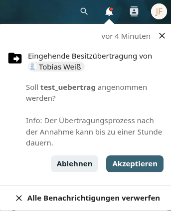 Benachrichtigung über die Anfrage zur Besitzübertragung von Daten im Infobereich der next.hessenbox.