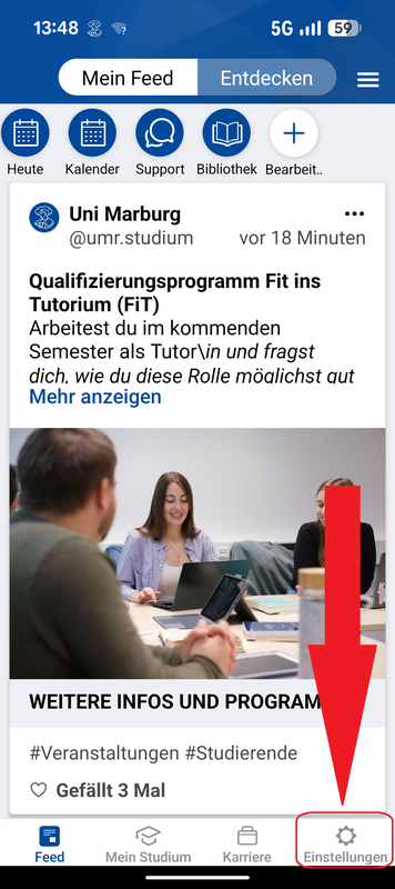Screenshot der Uni Marburg-App mit Pfeil auf das Icon "Einstellungen" in der unteren Leiste