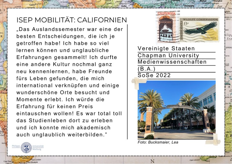 Ein Foto im Postkartenformat mit Text zum Austausch auf der linken Seite und einem Foto des Universitätstors auf der rechten Seite.