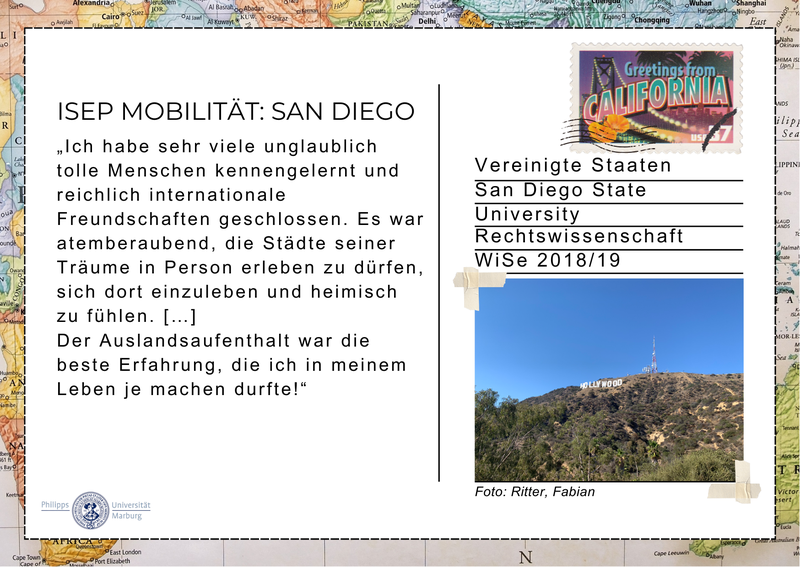 Ein Bild in Postkartenformat, das links einen Text über den Austausch in San Diego beschreibt und rechts ein Foto der Hollywood Hills einfügt.