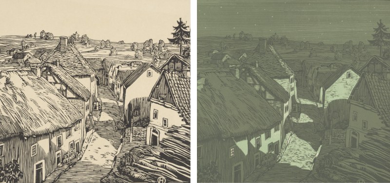Zwei Mal derselbe Ausschnitt eines Holzschnitts und eines Hell-Dunkelholzschnitts zeigen den Blick in eine Stadt und die Landschaft, die sich hinter ihr erstreckt. Auf den linken ist der Himmel weiß, auf dem rechten ist er dunkel und mit Sternen.