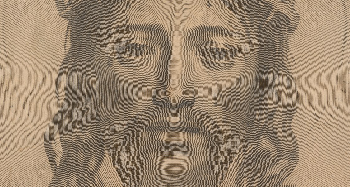 Ein Ausschnitt eines Kupferstiches eines Christuskopfs mit Dornenkrone vor einem Heiligenschein. Im Zentrum ist die Nase Christi, von der aus das Bild spiralförmig aus einer Linie entsteht.