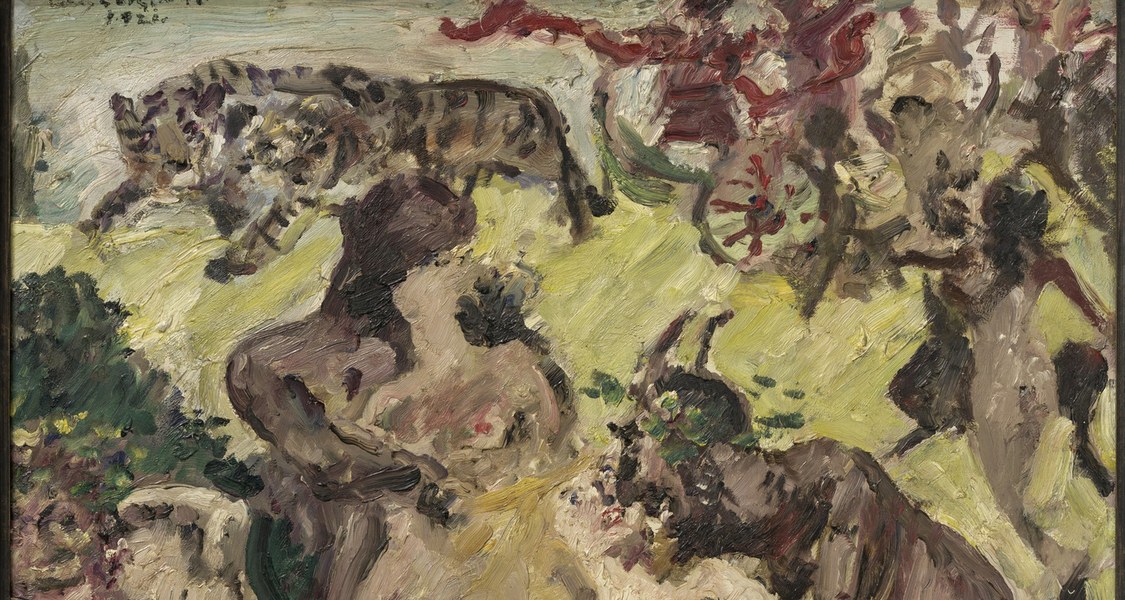 Drei nackte, ineinander verschlungene Paare stehen vor einem offenen Feld. Dahinter tanzen weitere, schemenhafte Figuren ausgelassen um den von zwei Tigern gezogenen Wagen des Bacchus.