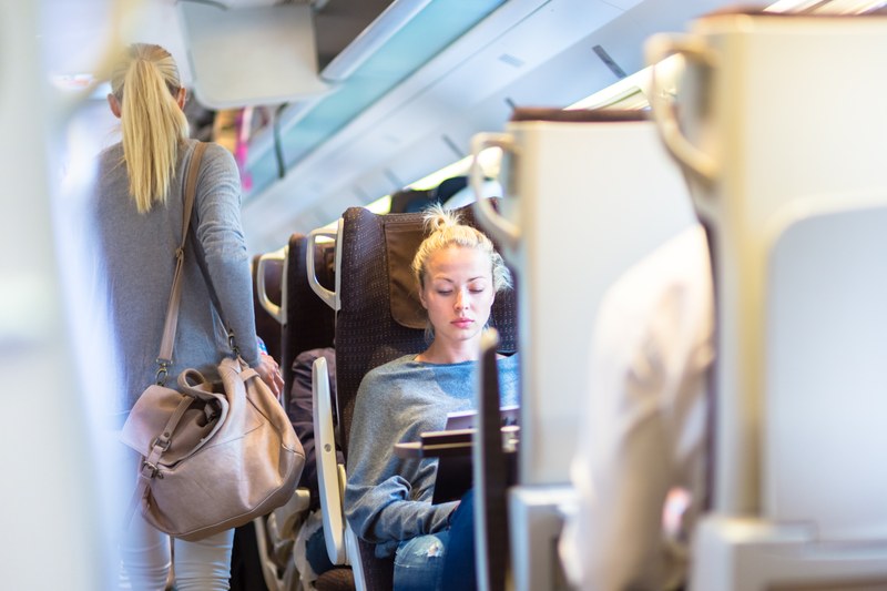 Eine junge Frau arbeitet in der Bahn an ihrem Laptop.