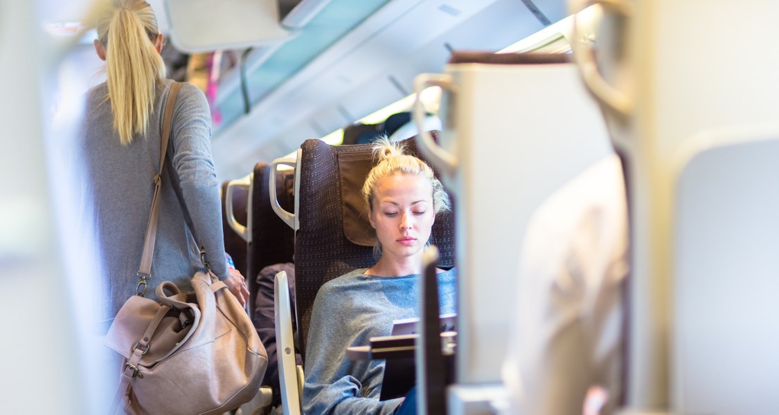 Eine junge Frau arbeitet in der Bahn an ihrem Laptop.