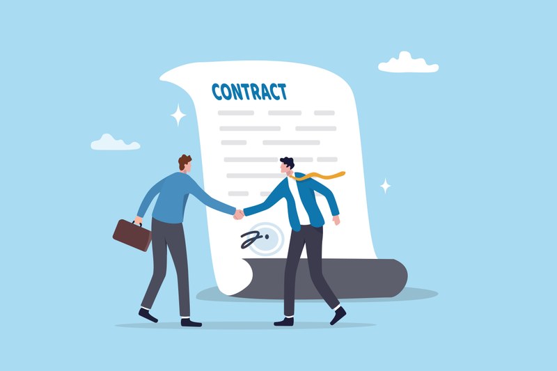 Es sind zwei Comicfiguren abgebildet, die sich die Hand geben. Im Hintergrund sieht man ein Papier, das den Titel "Contract" trägt. Darunter ist Text angedeutet und ganz unten eine Unterschrift erkennbar.