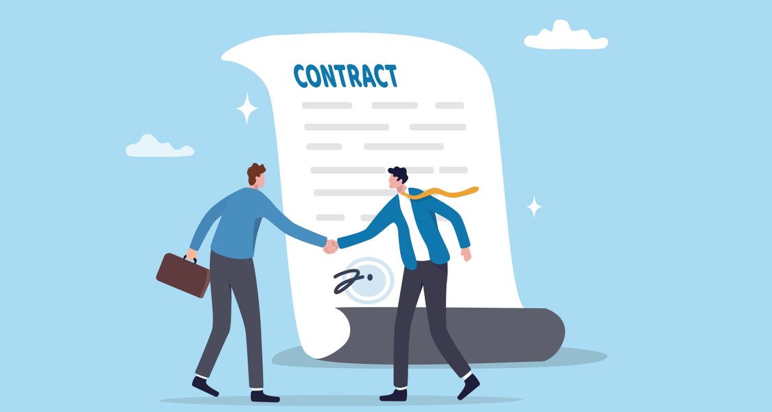 Es sind zwei Comicfiguren abgebildet, die sich die Hand geben. Im Hintergrund sieht man ein Papier, das den Titel "Contract" trägt. Darunter ist Text angedeutet und ganz unten eine Unterschrift erkennbar.