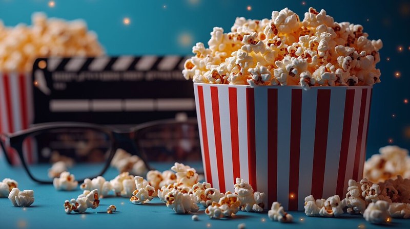Popcorn, Filmklappe und 3D-Brille vor Kinovorstellung