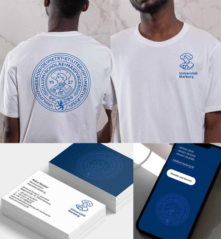 Beispiele:  Siegel auf T-shirt, Visitenkarte, Darstellung Web. Klick öffnet vergrößerte Ansicht