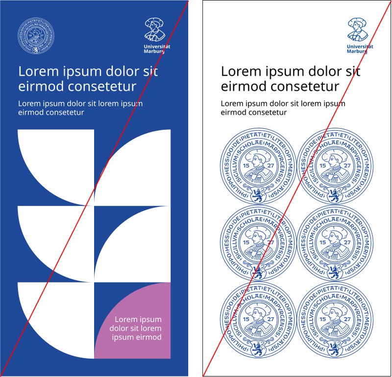 Falsche Anwendungen des Siegels, Beschreibung nach der Grafik. Klick öffnet vergrößerte Ansicht