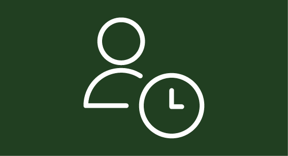 Stilisierte Person neben einer Uhr als weiße Umriss-Icons auf dunkelgrünem Hintergrund.