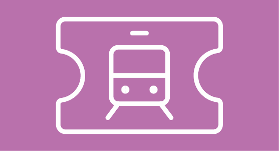Ticket-Symbol mit stilisiertem Zug auf violettem Hintergrund.