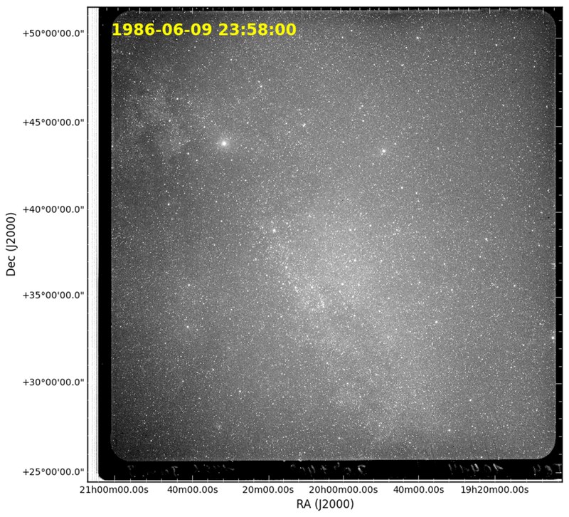 Photo plate from the Sonneberg archive showing the constellation Cygnus. The plate was taken on 9. June 1986 and shows approximately 65 000 stars