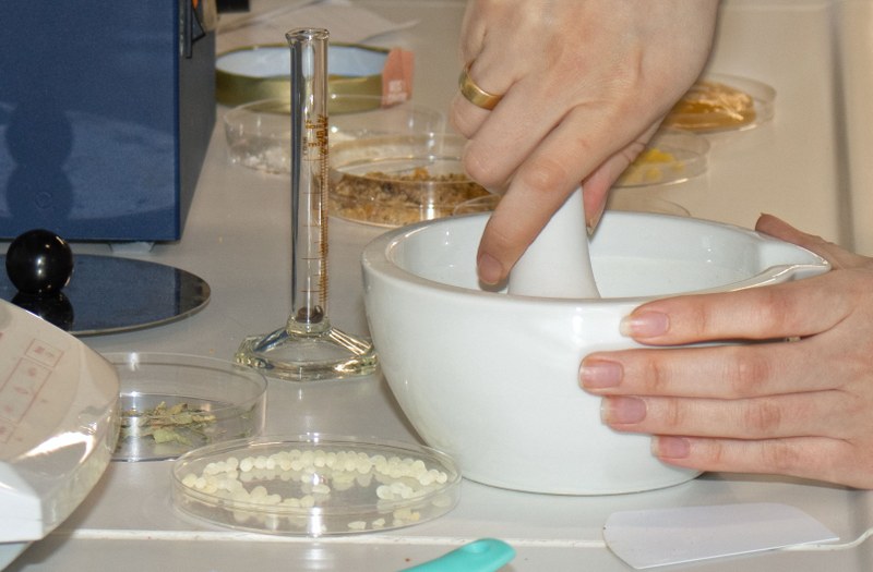 Picture from the elective internship at our institute where students are reproducing recipes out of ancient Egyptian prescriptions. Here you see a student breaking up some crude materials in a mortrar.