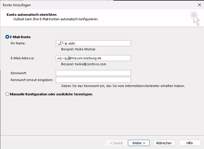 Dialog for setting up the Outlook account by entering your email address and password.