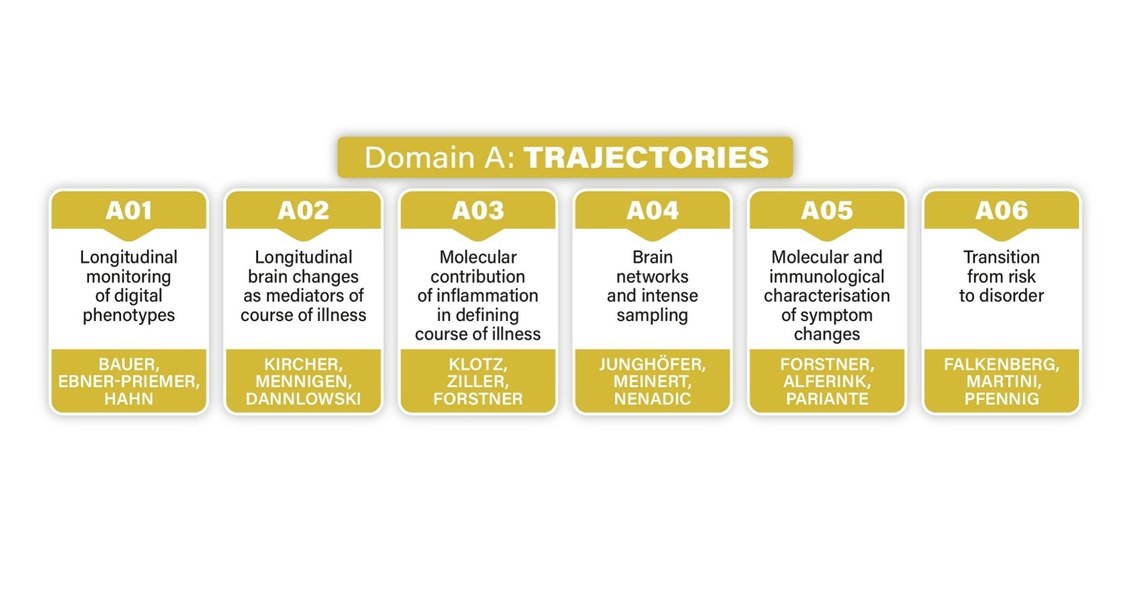 The figure shows the subprojects including titles and PIs of the six different projects in Domain A - Trajectories.