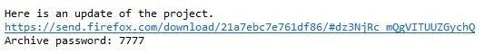 Screenshot of an email excerpt. Text: "Here is an update of the project." Below is a download link to Firefox Send: https://send.firefox.com/download/21a7ebc7e761df86/#dz3NjRc_mQvVTIUUZGychQ Below that: "Archive password: 7777"