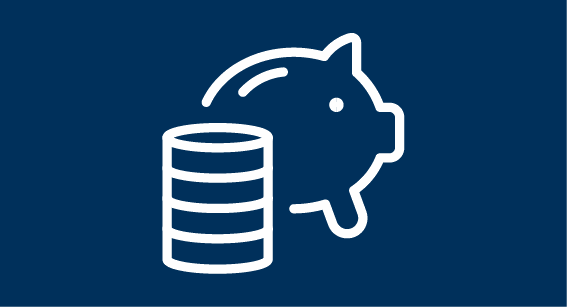 A stylised piggy bank behind a pile of coins, depicted as a white outline icon on a dark blue background.